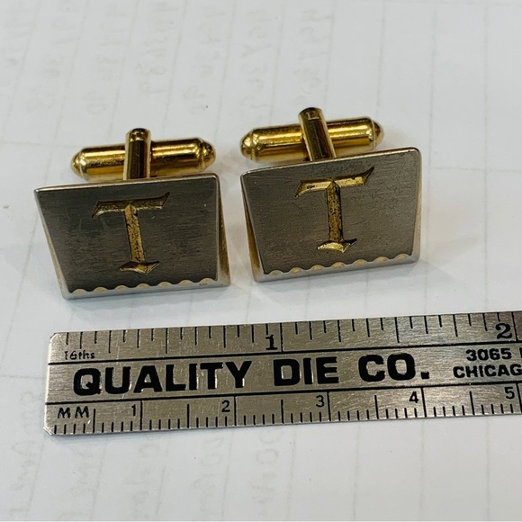 Vintage “T” Monogram Cufflinks - Engraved- Silver Tone - Marked USA - Hickok - Picture 5 of 5